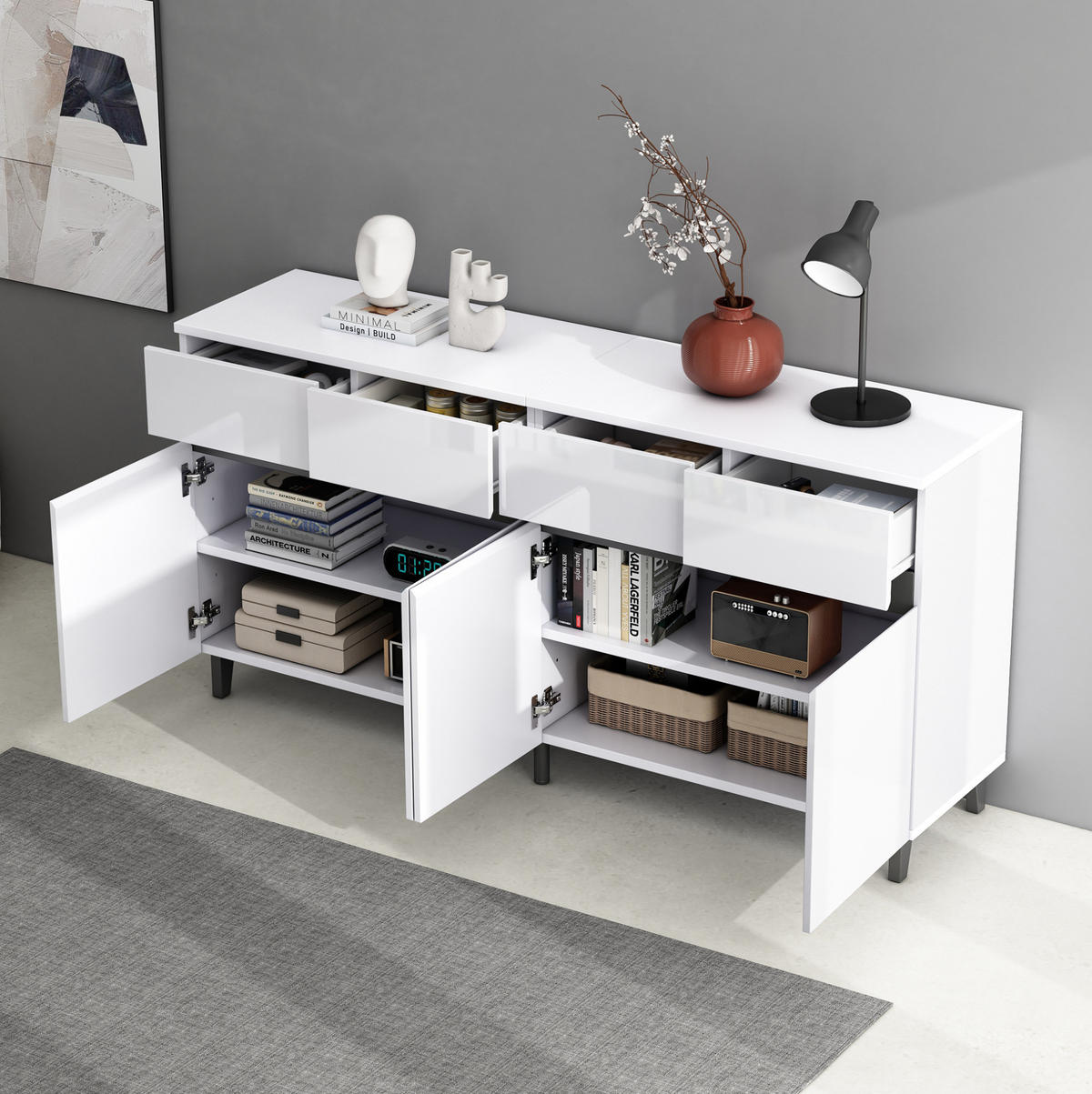 SIDEBOARD 160/40/68 cm in Weiß mit 4 Schubladen und Hochglanz-Front - Weiß, Holzwerkstoff (160/68/40cm) - Flora Grace