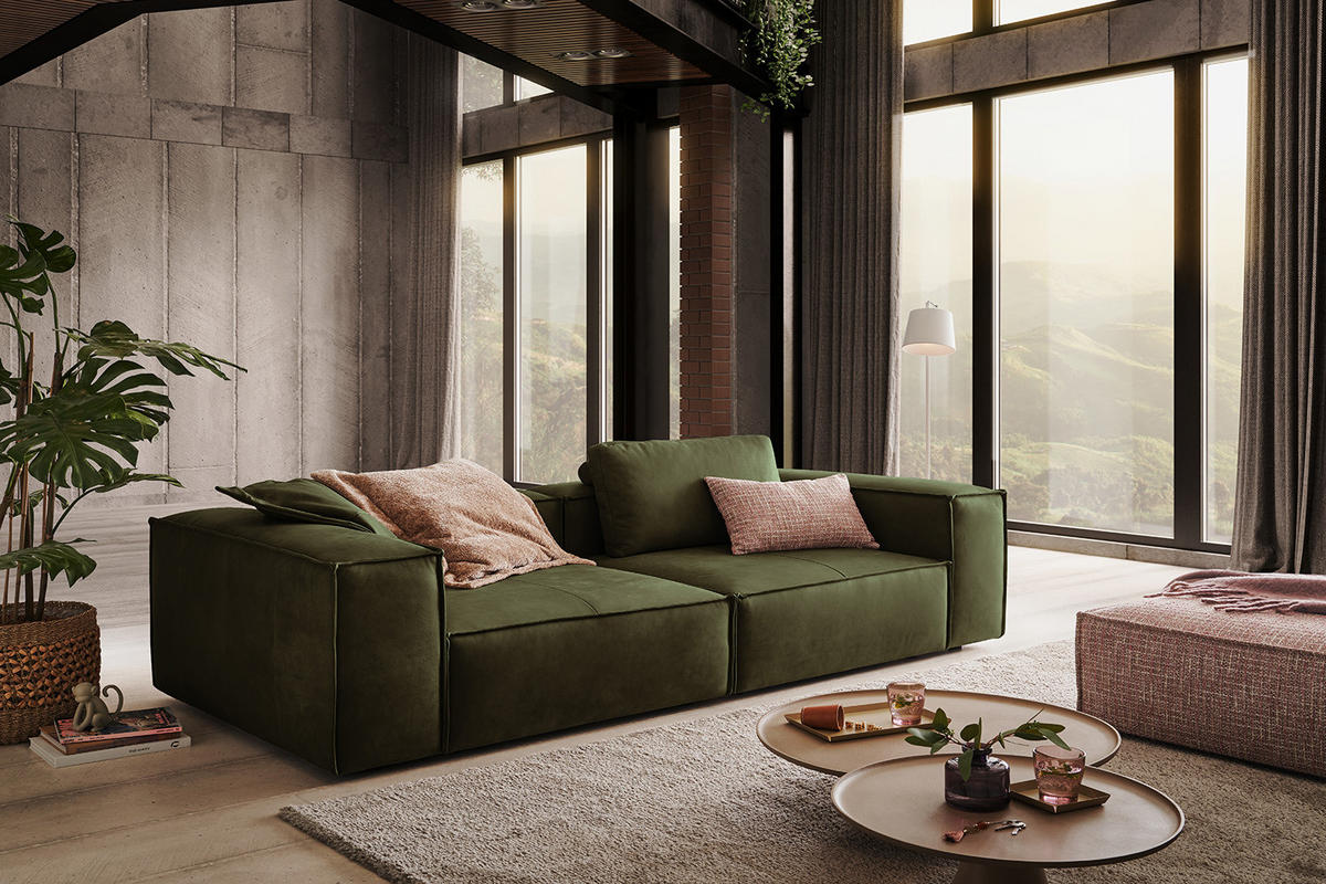 SOFA CARMO Grün Leder - Schwarz/Olivgrün, Leder/Kunststoff (266/68/118cm) - KAWOLA