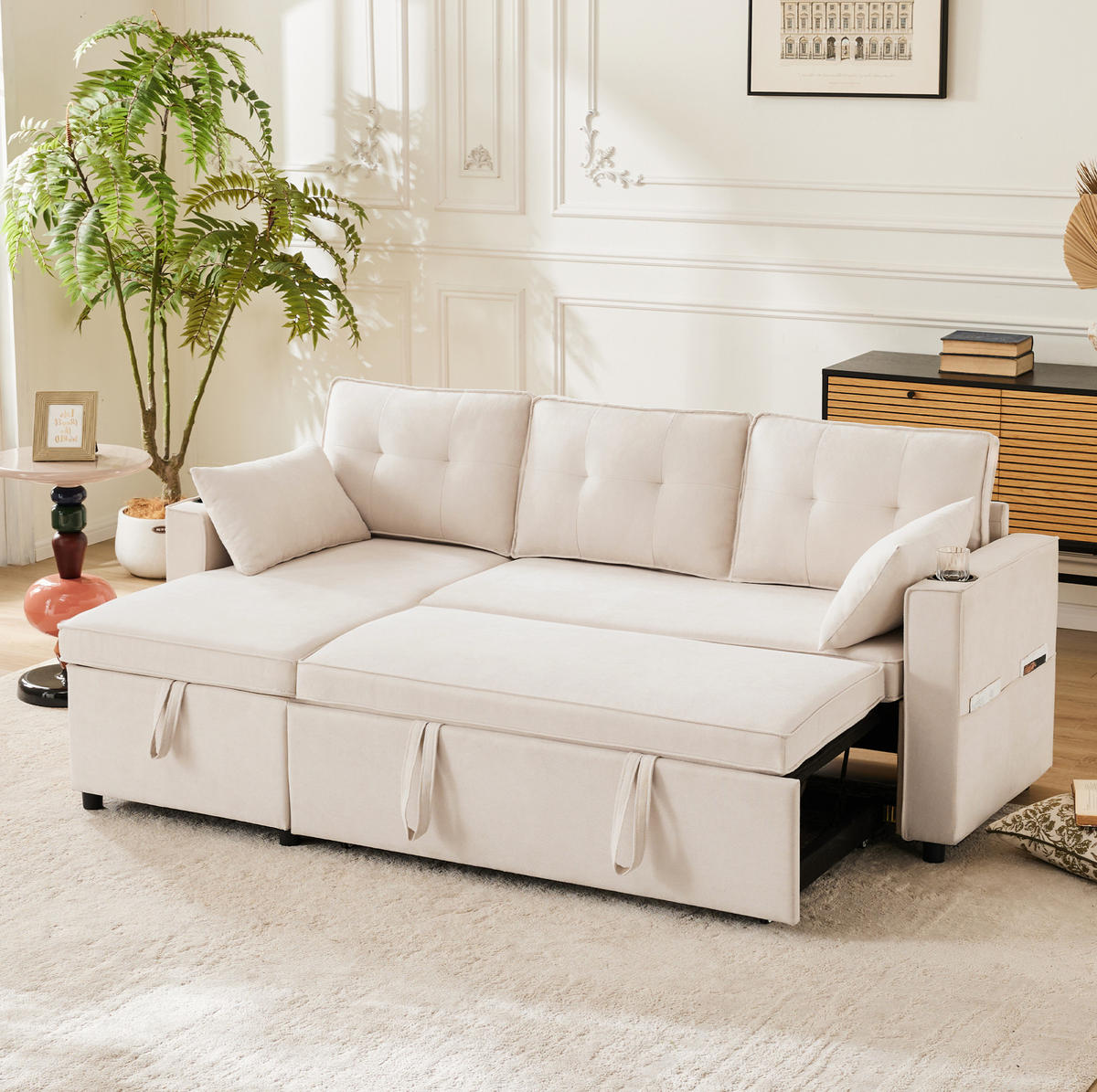 SCHLAFSOFA 211/130 cm mit Bettkasten und Chaiselongue in Beige - Beige, Textil (130/86/211cm) - BEAOK