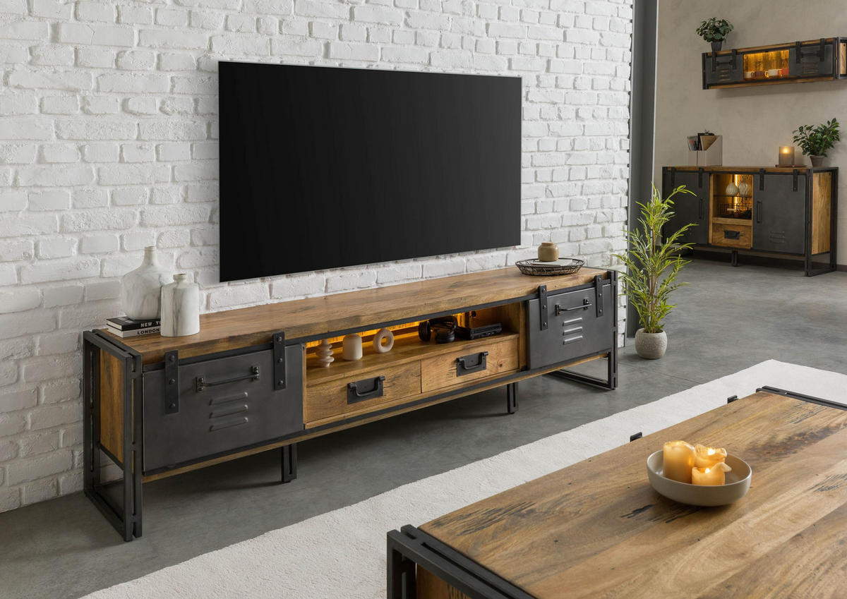 TV-BOARD Mango / Altholz 220x45x55 natur / grau lackiert / Metall grau BLACKBURN LUX #412 - Naturfarben, Holz (220/55/45cm) - Massivmoebel24