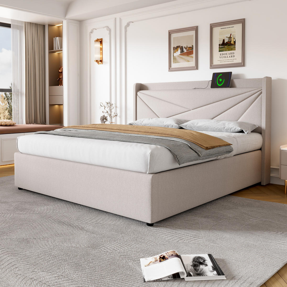 POLNJENA postelja iz bombažnega lanu 160x200 cm bež z USB in Type-C polnjenjem, prostorom za shranjevanje in letvenim dnom - bež, tekstil (160/200cm) - Modfu