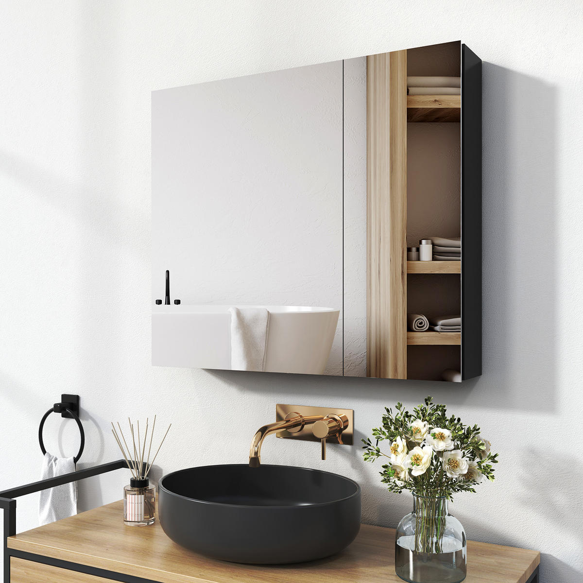 SPIEGELSCHRANK Schwarz 75/65/14,5 - Schwarz, Metall (65/65/75cm) - EMKE