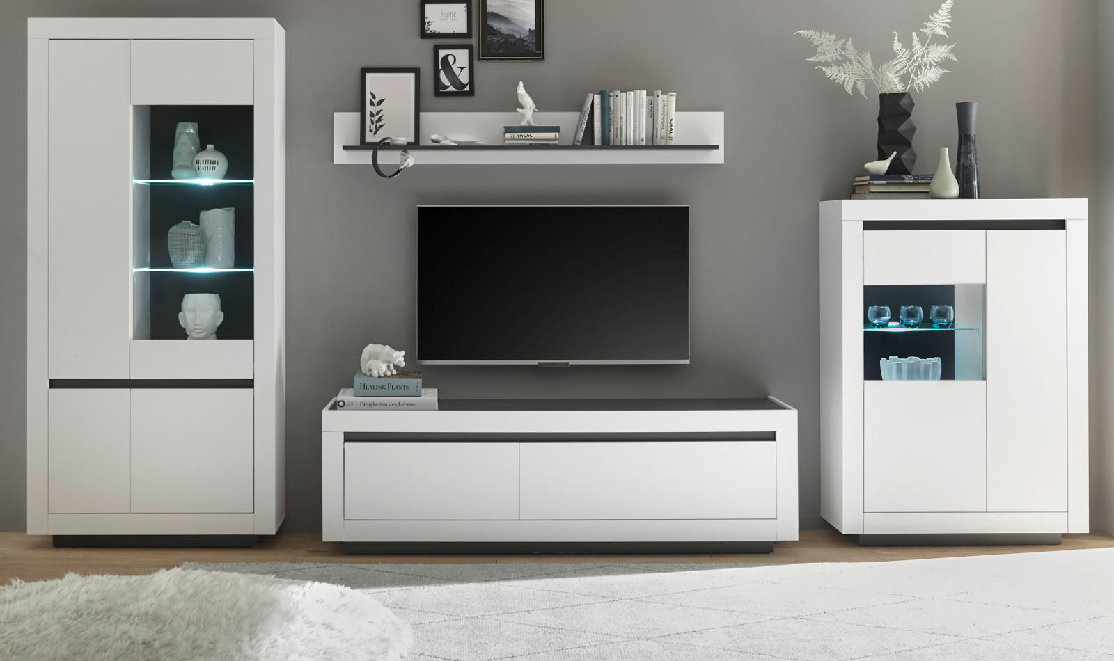 WOHNWAND weiß, anthrazit, Wohnkombination 4-teilig 392 x 206 cm - Anthrazit/Weiß, Glas/Holzwerkstoff (392/170/50cm) - Furn.Design