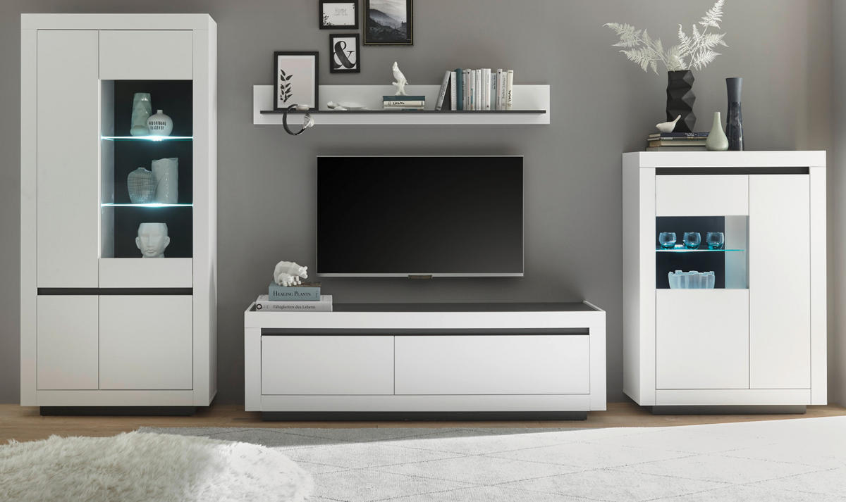 WOHNWAND weiß, anthrazit, Wohnkombination 4-teilig 392 x 206 cm - Anthrazit/Weiß, Glas/Holzwerkstoff (392/170/50cm) - Furn.Design