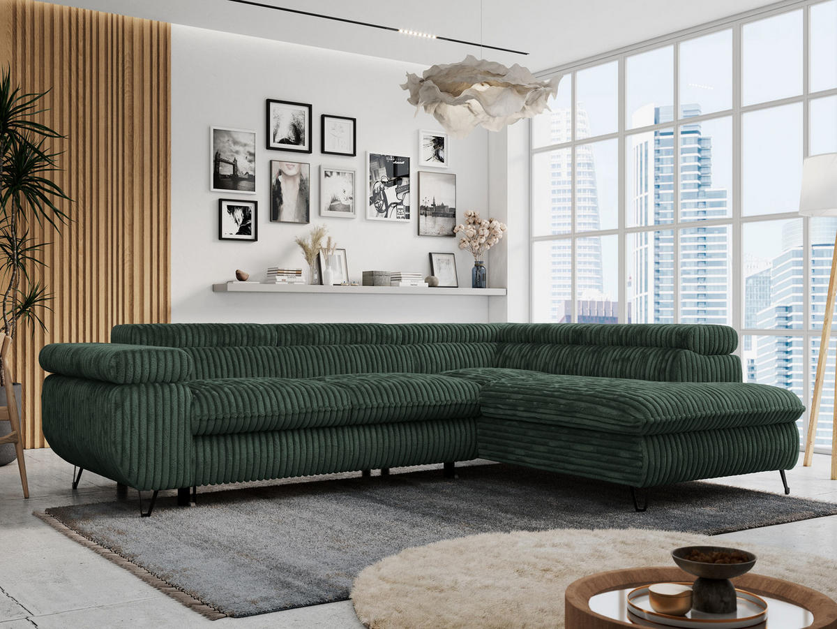 ECKSOFA PETER L Grün Cord - Rechts Seite - Schwarz/Grün, Textil/Metall (273/208cm) - MKS