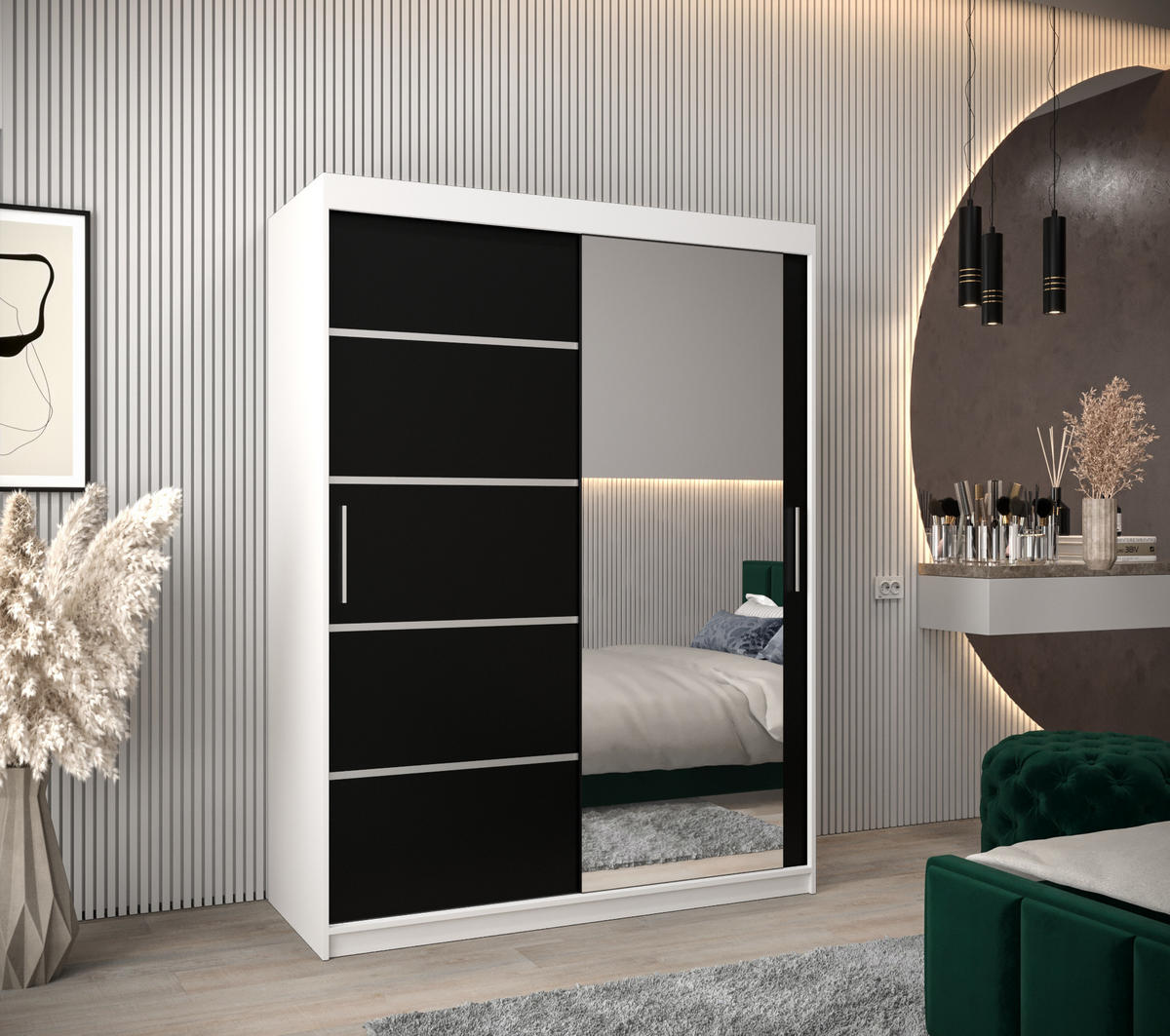 SCHWEBETÜRENSCHRANK 200/150/62 2-türig - Silberfarben/Schwarz, Holz/Kunststoff (150/200/62cm) - MÖBEL KRYSPOL