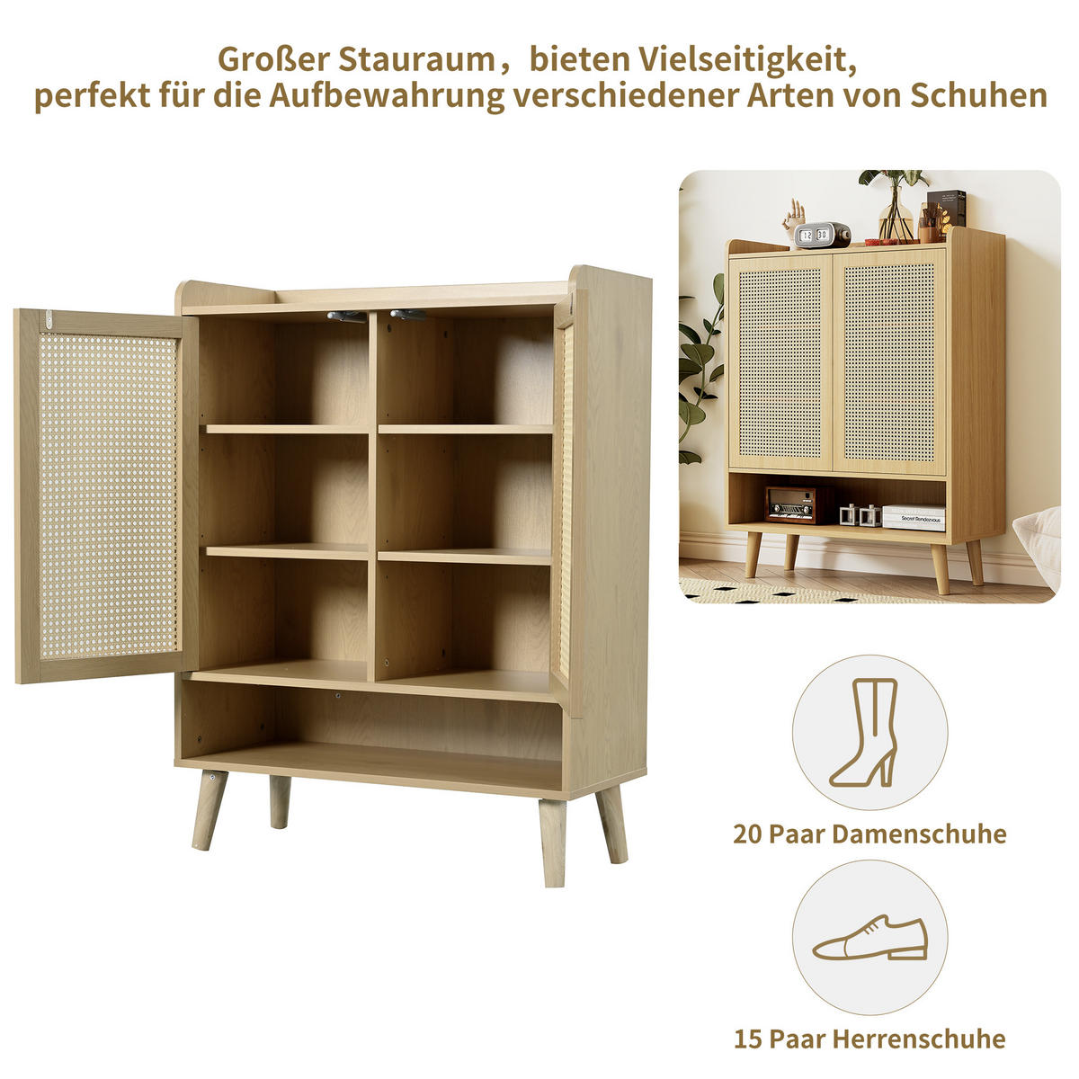 SCHUHSCHRANK aus natürlichem Rattan, Für Flur und Eingangsbereich, Eiche hell - Sonoma Eiche, Holzwerkstoff (80/105/35cm) - Urban Meuble