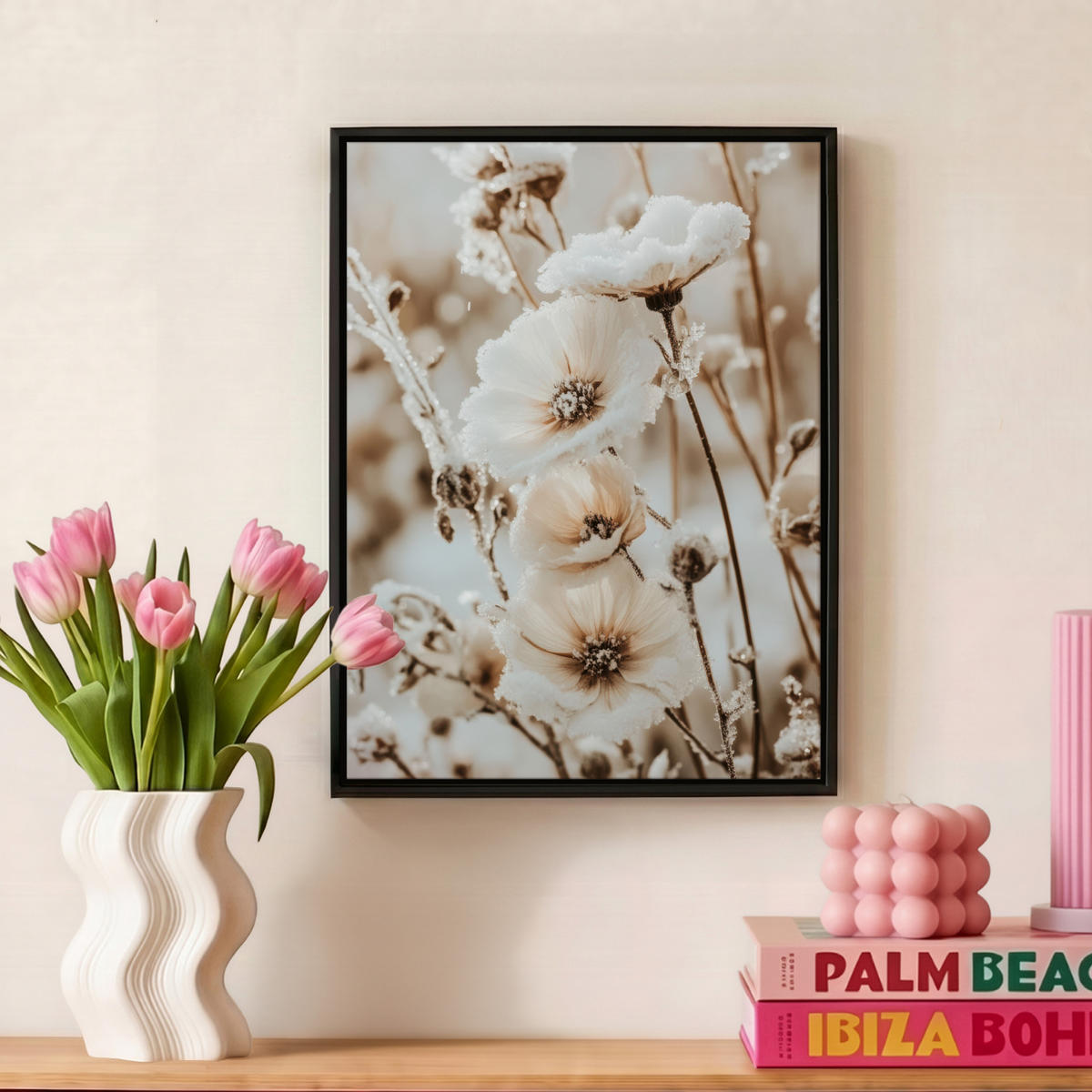 LEINWAND Bilder mit Rahmen - Blumen - Winter - Weiß - Schnee - Beige - 30x40 - Creme, Textil (30/40cm) - MuchoWow