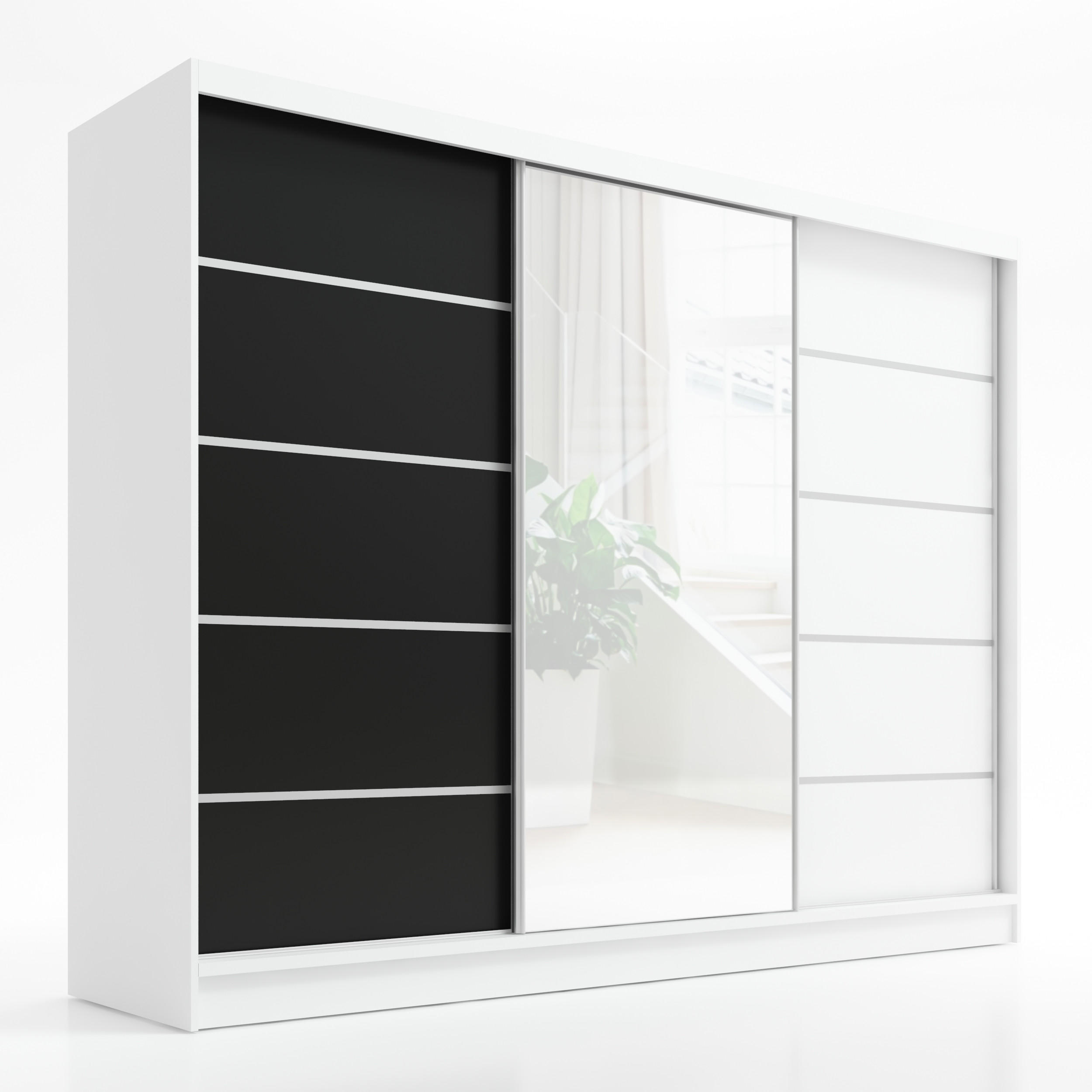 A&J MöbelLand Schwebetürenschrank Weiß, Schwarz, Weiß 200x215x60 cm