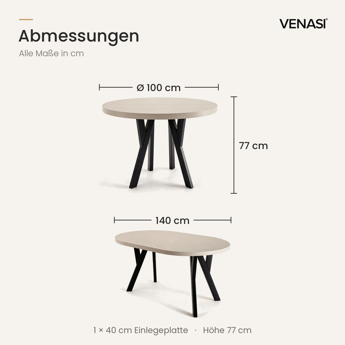 ESSTISCH ausziehbar rund 100-140 cm ATO Kaschmir, Auszugstisch mit Einlegeplatte - Kaschmir/Schwarz, Holzwerkstoff (100/100/77cm) - VENASI MÖBEL