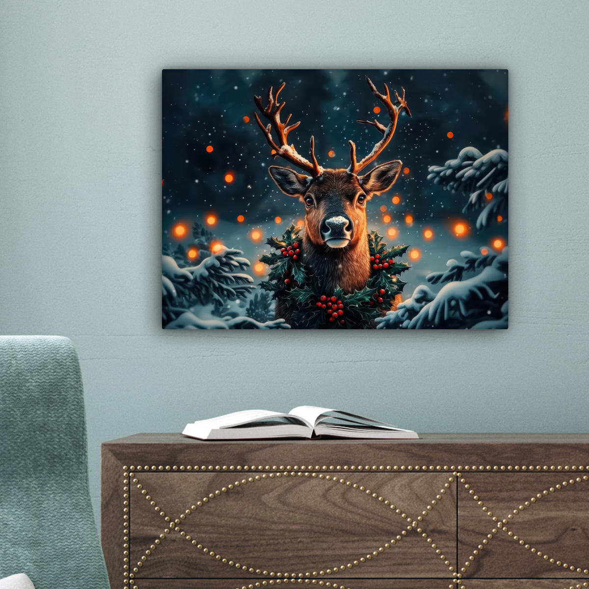 LEINWANDBILD Hirsch - Weihnachten - Winter - Schnee - Weihnachtskranz 40x30 cm - Dunkelbraun, Textil (40/30cm) - MuchoWow