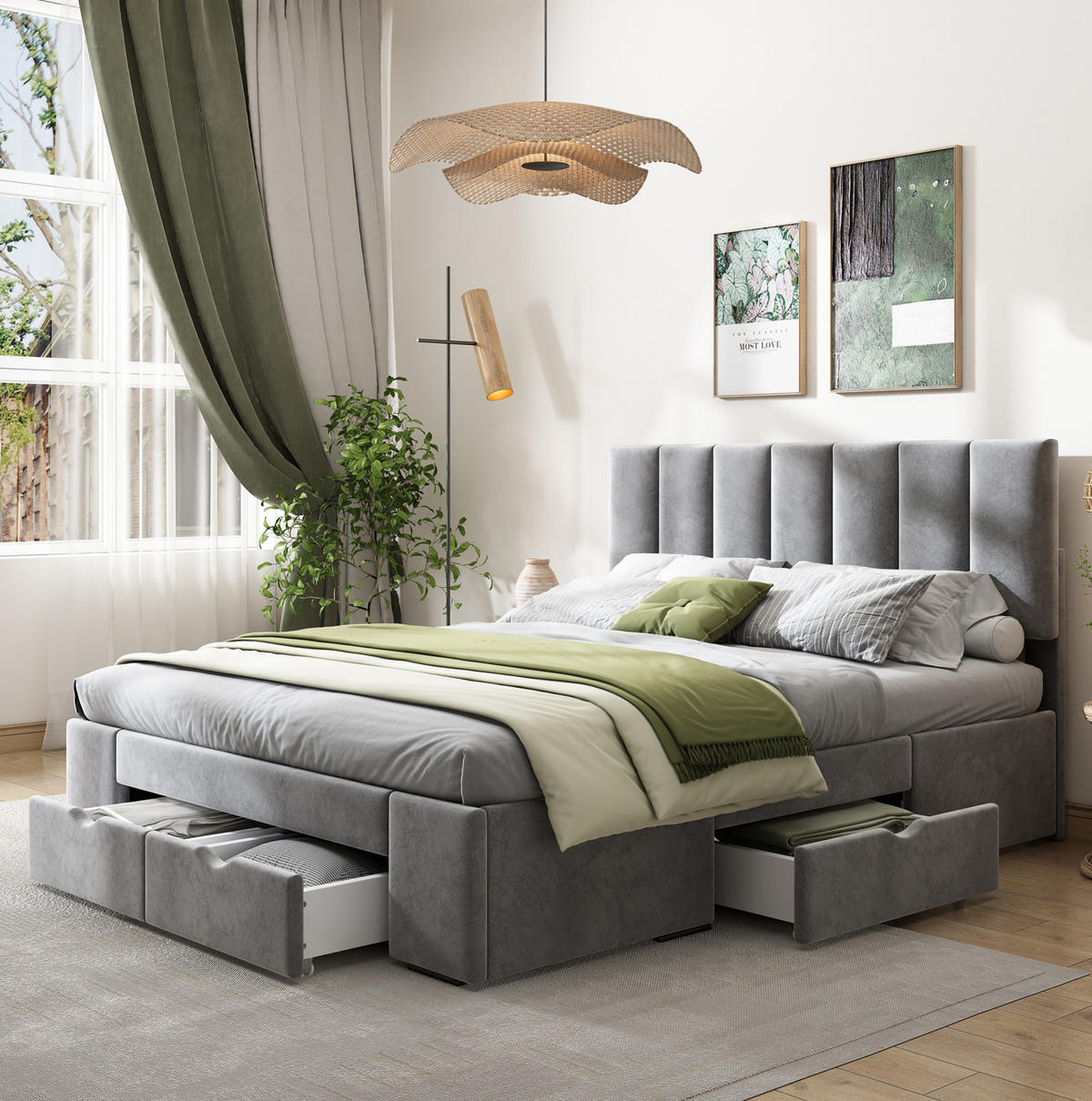 POLSTERBETT mit 4 Schubladen 140x200 cm Samt Grau - Grau, Holzwerkstoff (140/200cm) - Beauniv