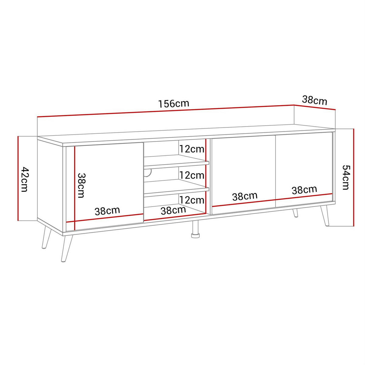 TV-ELEMENT SANAYI auf schwarzen Beinen mit Regalen Hochglanz Weiß - Weiß, Holzwerkstoff (156/54/38cm) - Lookway