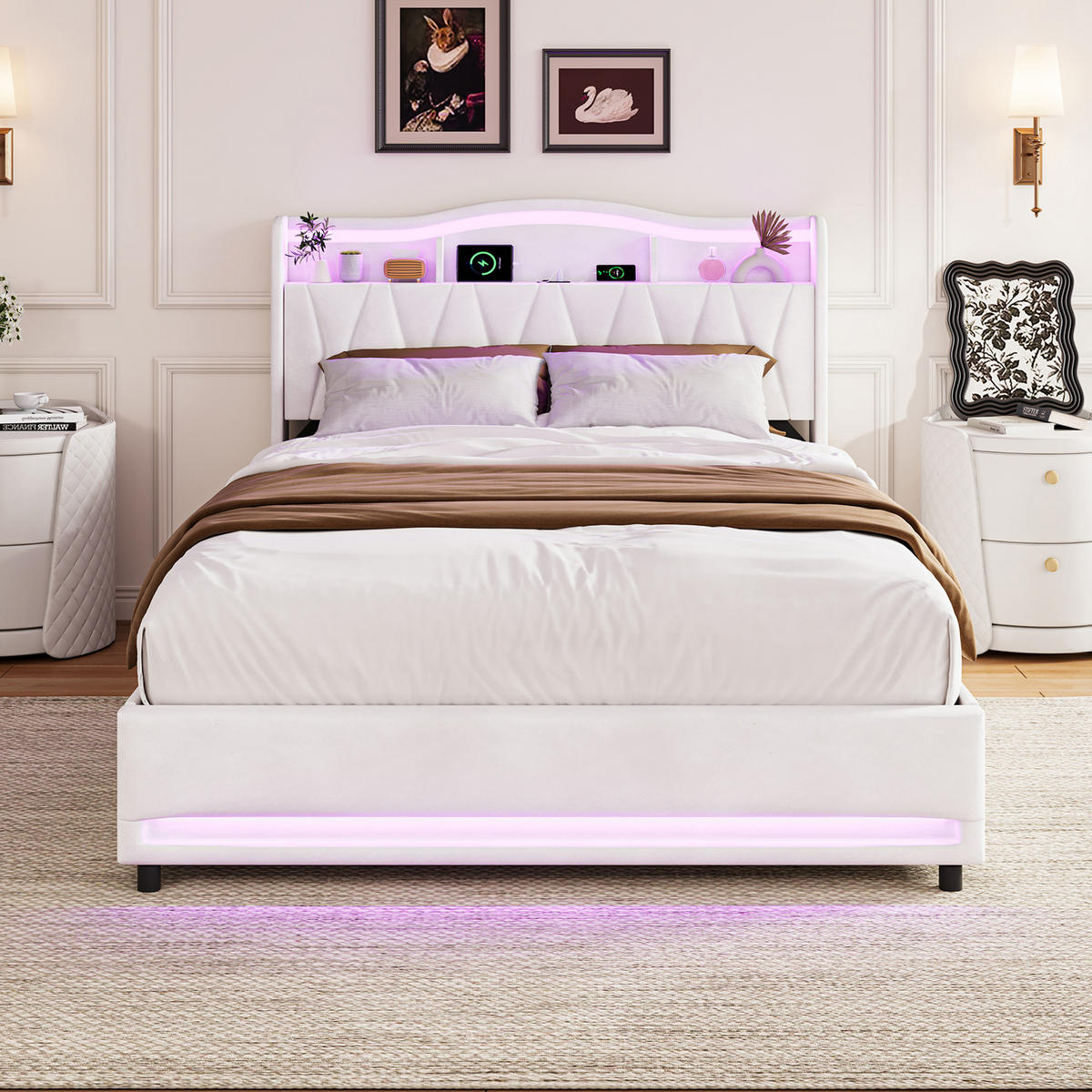POLSTERBETT 140/200 cm mit Stauraumschubladen, Ablagekopfteil & Fußteil mit mehrfarbigem LED-Licht, USB-Anschluss, samtiger Velours-Bezug - Beige, Holz/Metall (140/200cm) - Joyfair