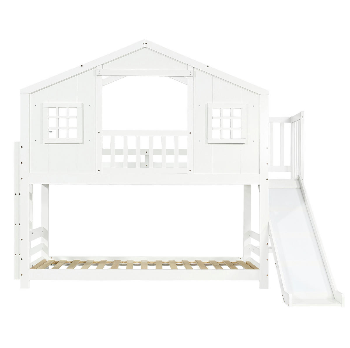 ETAGENBETT 90/200 cm mit Rutsche, Fenster- und Dachdesign aus Massivholz und MDF, Weiß - Weiß, Holz (90/200cm) - Redom