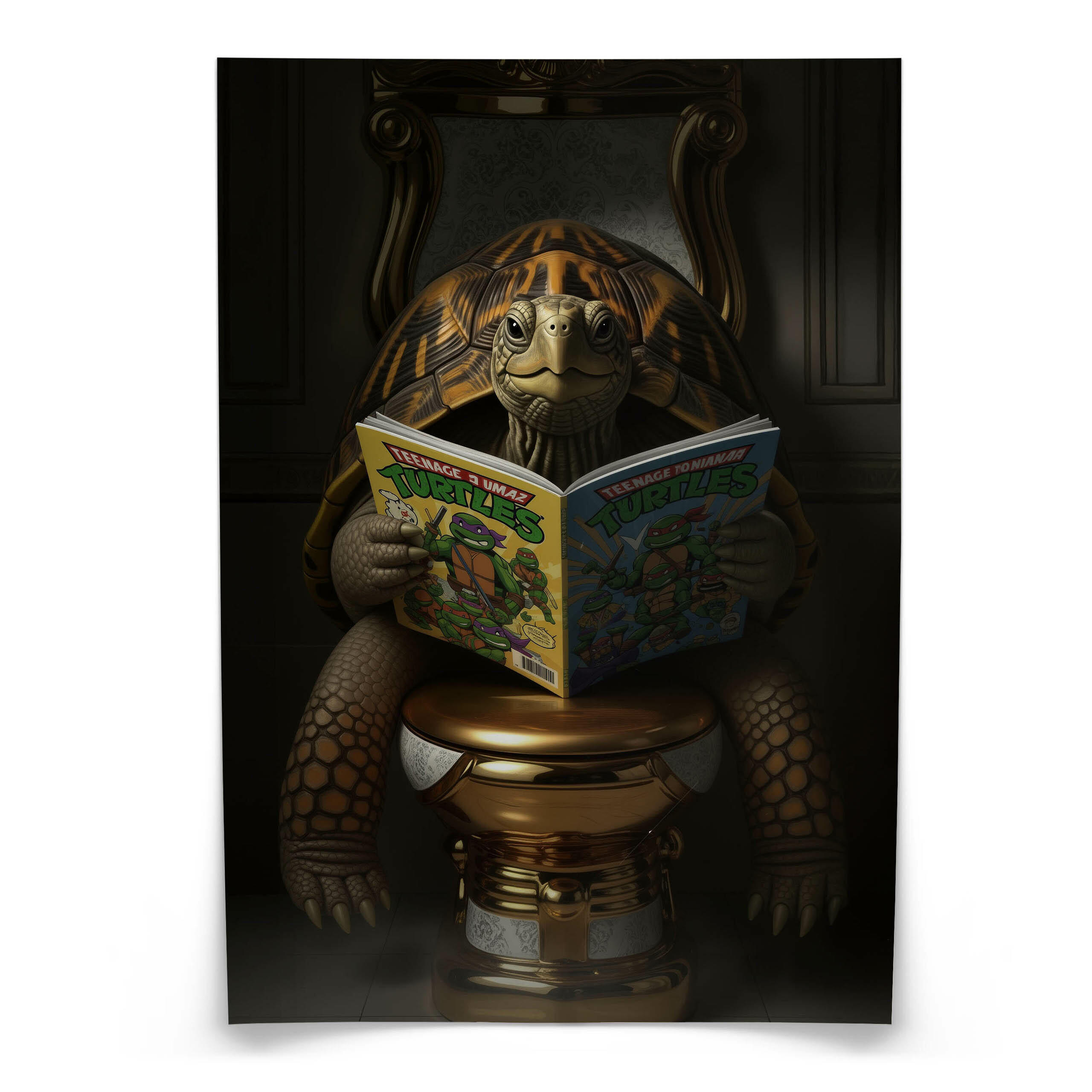 POSTER für Badezimmer WC SCHILDKRÖTE mit Comicbuch auf Toilette Abstraktion 30x40cm - Gelb/Orange, Papier (30/40/40cm) - Muralo