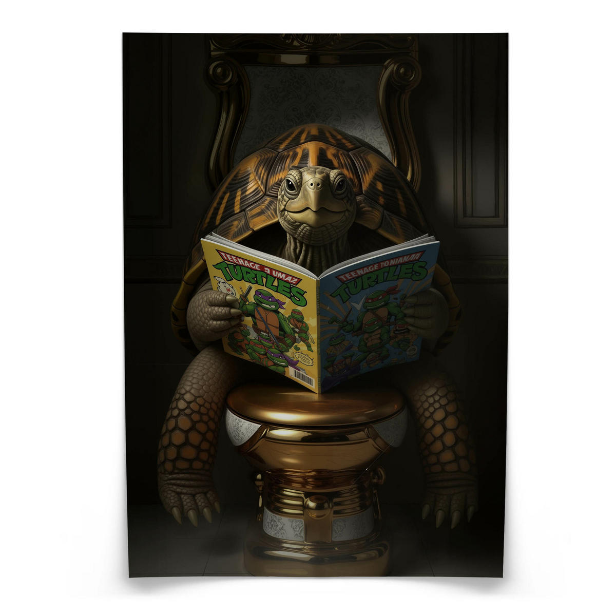 POSTER für Badezimmer WC SCHILDKRÖTE mit Comicbuch auf Toilette Abstraktion 50x70cm - Gelb/Orange, Papier (50/70/70cm) - Muralo