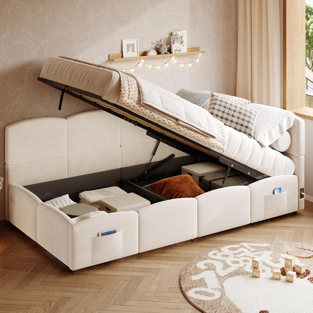 POLSTERBETT aus Samt 90x200 cm in Beige mit Stauraum & USB-Anschlüssen - Beige, Textil (90/200cm) - Modfu