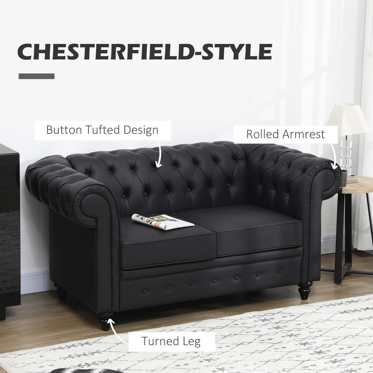 SOFA, 2-Sitzer, Chesterfield, PU-Leder, abnehmbares Kissen, schwarz, 160x84x80cm - Multicolor, Holzwerkstoff (160/80/84cm) - FORIOUS