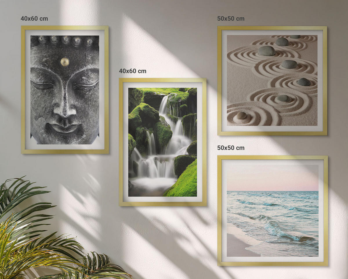 BILDER SET 4er Set - 50x50 cm & 40x60 cm Goldrahmen - Der Frieden der Natur mit Buddha - Goldfarben, Kunststoff (50/50cm) - TULUP