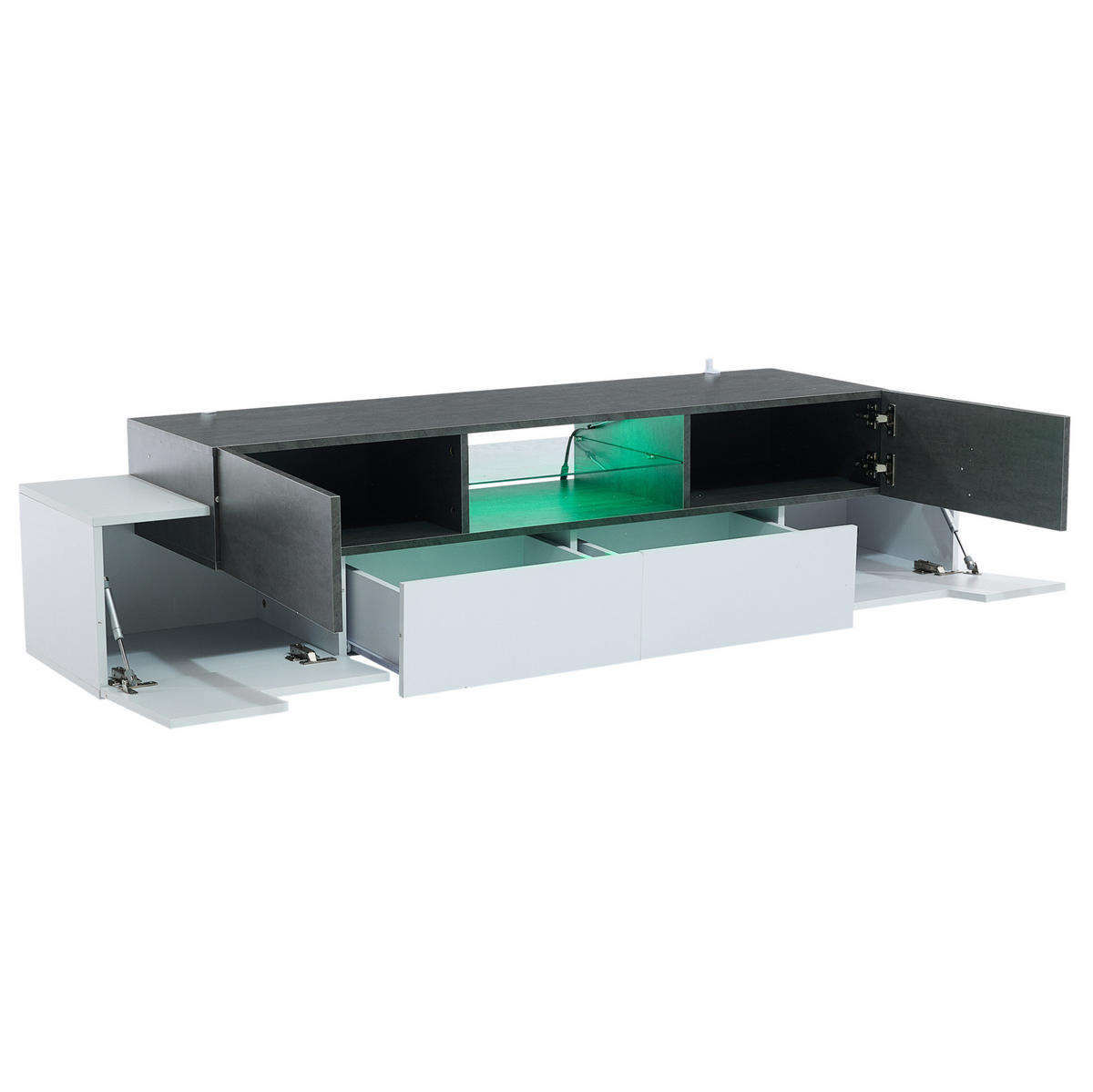LOWBOARD 180/40/45 cm aus Spanplatte mit LED-Beleuchtung und Glasablagen Weiß/Grau - Weiß, Holzwerkstoff (180/45/40cm) - Modenvie