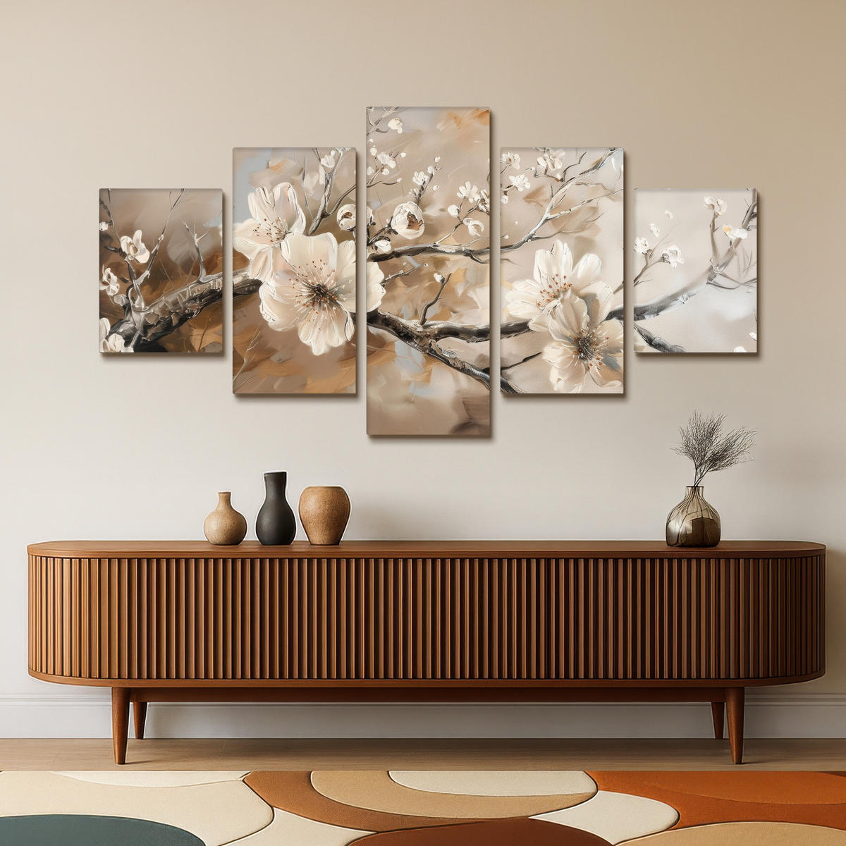 LEINWANDBILD 5er Set Blüte - Beige - Abstrakt - Blumen 150x80 cm - Hellbraun, Textil (150/80cm) - MuchoWow