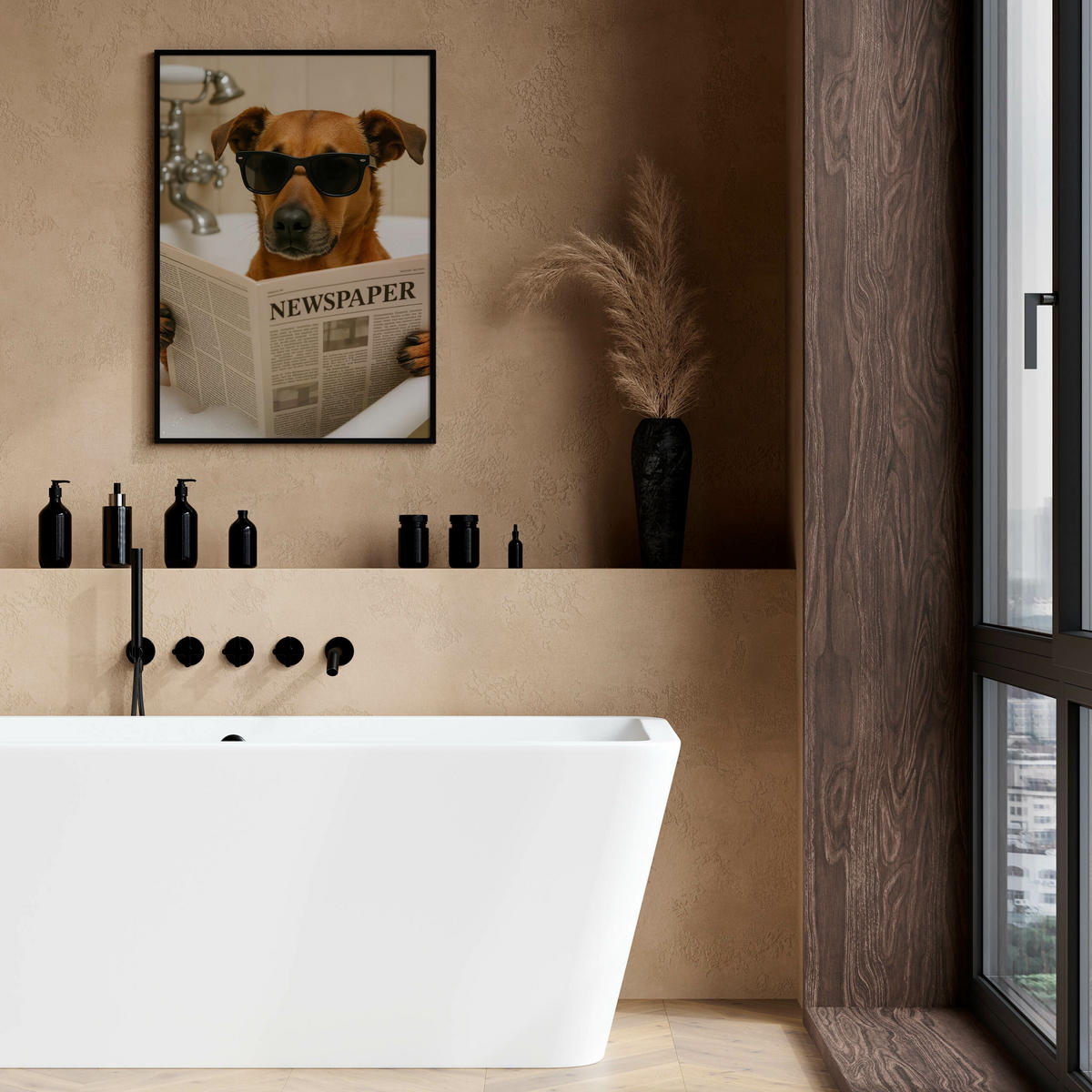 POSTER für WC Badezimmer HUND in Badewanne Retro Zeitung Abstraktion 30x40cm - Beige/Schwarz, Papier (30/40/40cm) - Muralo