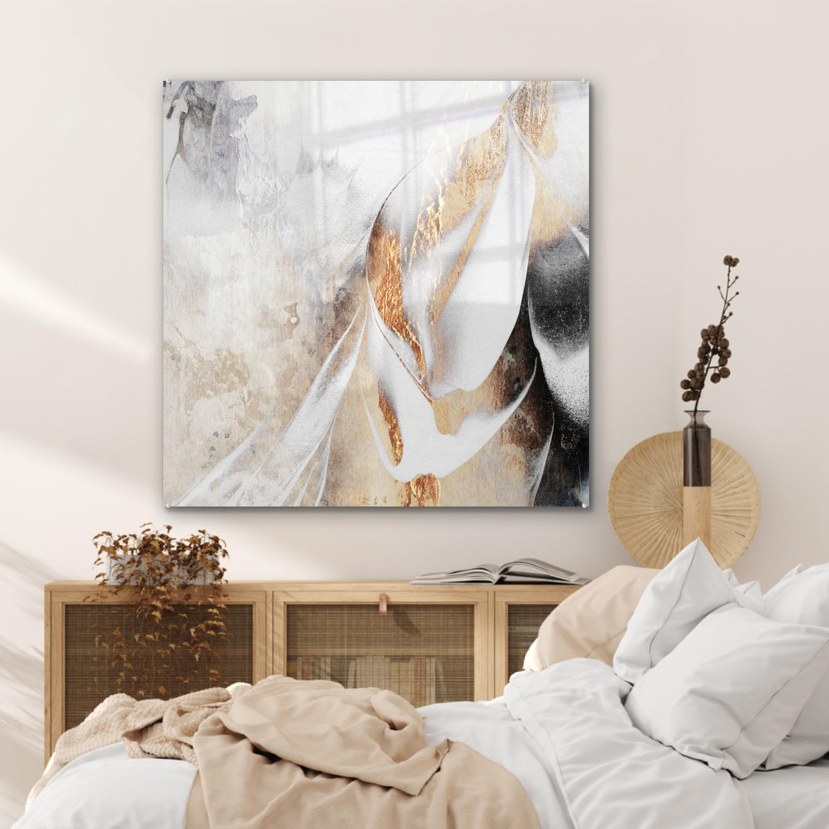 ACRYLGLASBILD Luxus - Abstrakt - Gold - Weiß 90x90 cm - Goldfarben, Glas (90/90cm) - MuchoWow