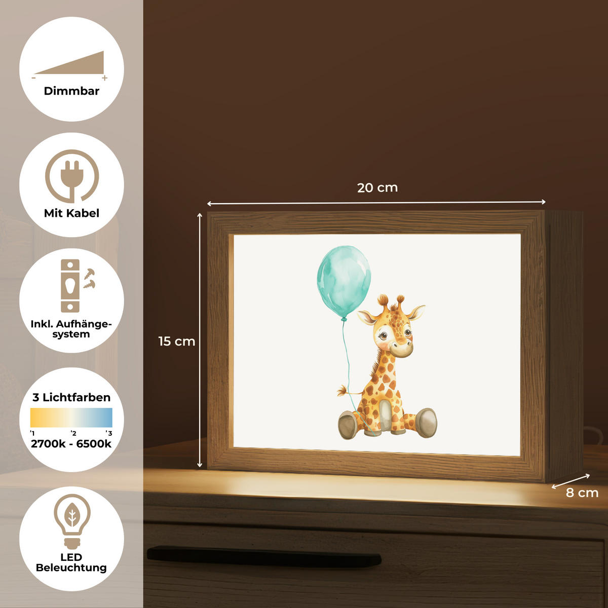 NACHTTISCHLAMPE Giraffe - Baby - Tiere - Blauer Ballon 20x15 cm - Weiß, Holzwerkstoff (8/20/15cm)