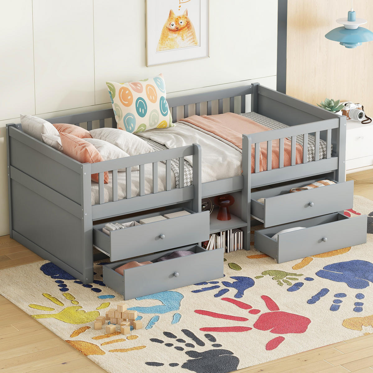 HALBHOHES BETT 90x200cm Grau Kiefer 4 Schubladen Geländer Leiter - Grau, Holz (90/200cm) - FLIEKS