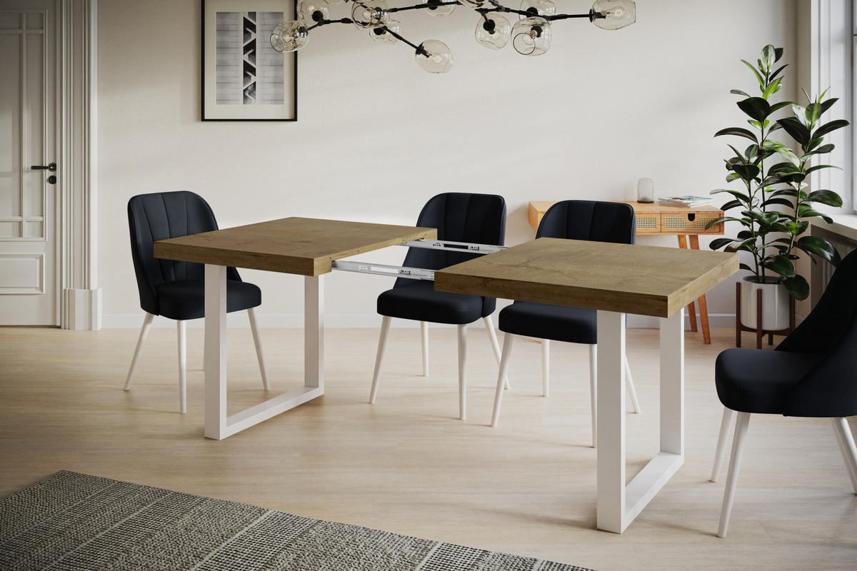 ESSZIMMERTISCH LOFT-U, ausziehbarer Tisch 140-240X80X77 cm, Farbe: LEFKAS, mit Metallbeinen in Farbe Weiß - Dunkelbraun/Weiß, Holzwerkstoff (140/80/77cm) - Alpi-Möbel