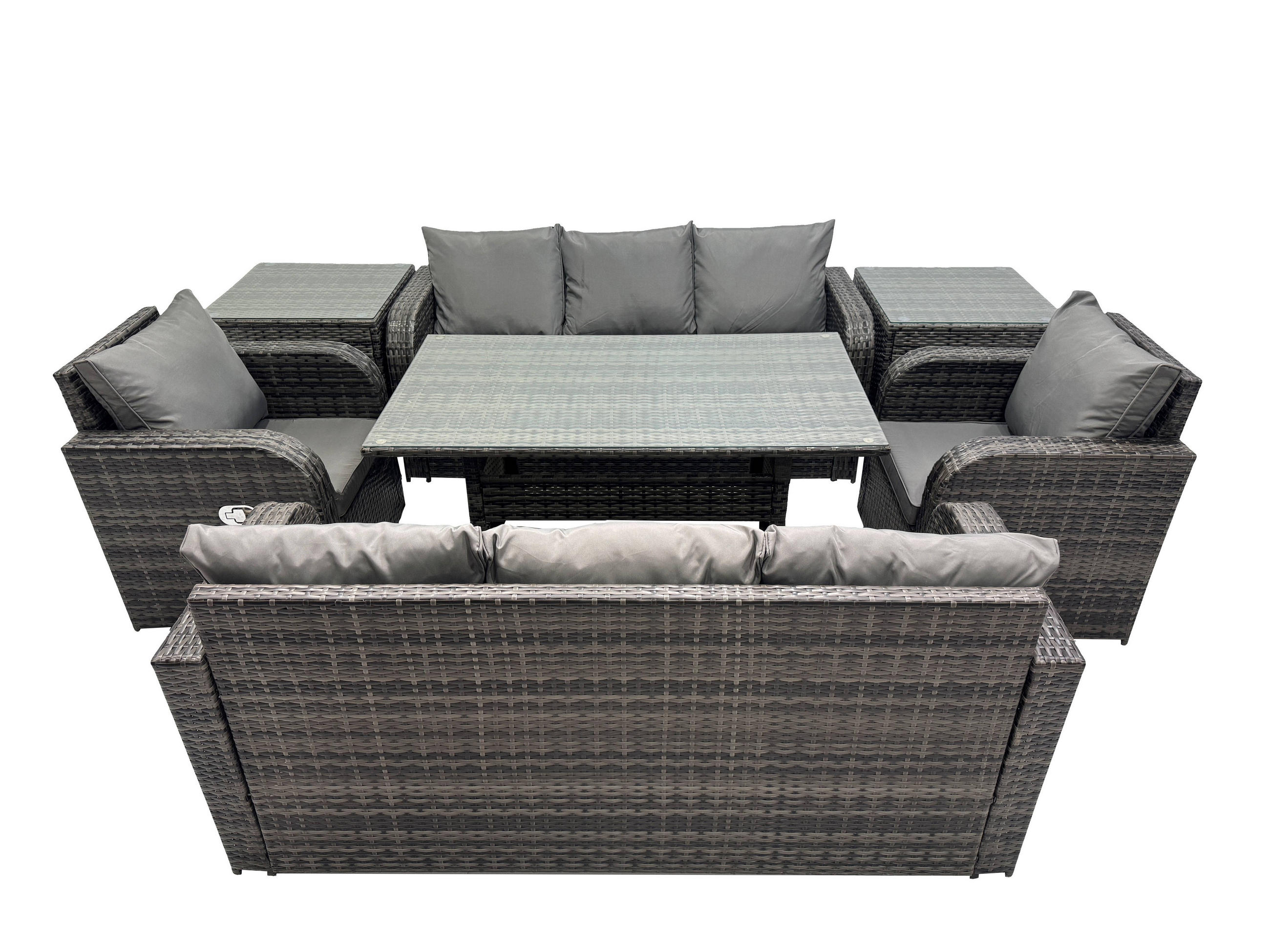 GARTENTISCHGRUPPE mit 2 Beistelltischen Polyrattan Dunkelgrau 8-Sitzer - Dunkelgrau/Grau, Glas/Kunststoff - Fimous