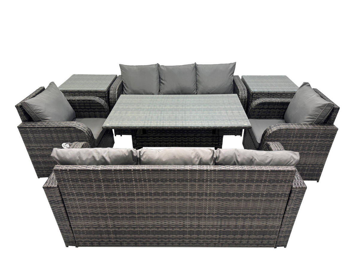 GARTENTISCHGRUPPE mit 2 Beistelltischen Polyrattan Dunkelgrau 8-Sitzer - Dunkelgrau/Grau, Glas/Kunststoff - Fimous