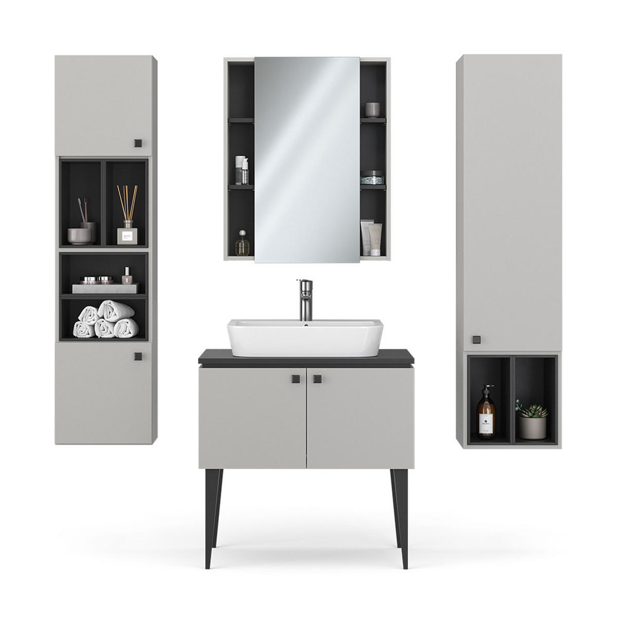 BADMÖBEL-SET Gerta Grau 4 Teile - Schwarz/Grau, Holzwerkstoff (80/79/50cm) - Vicco