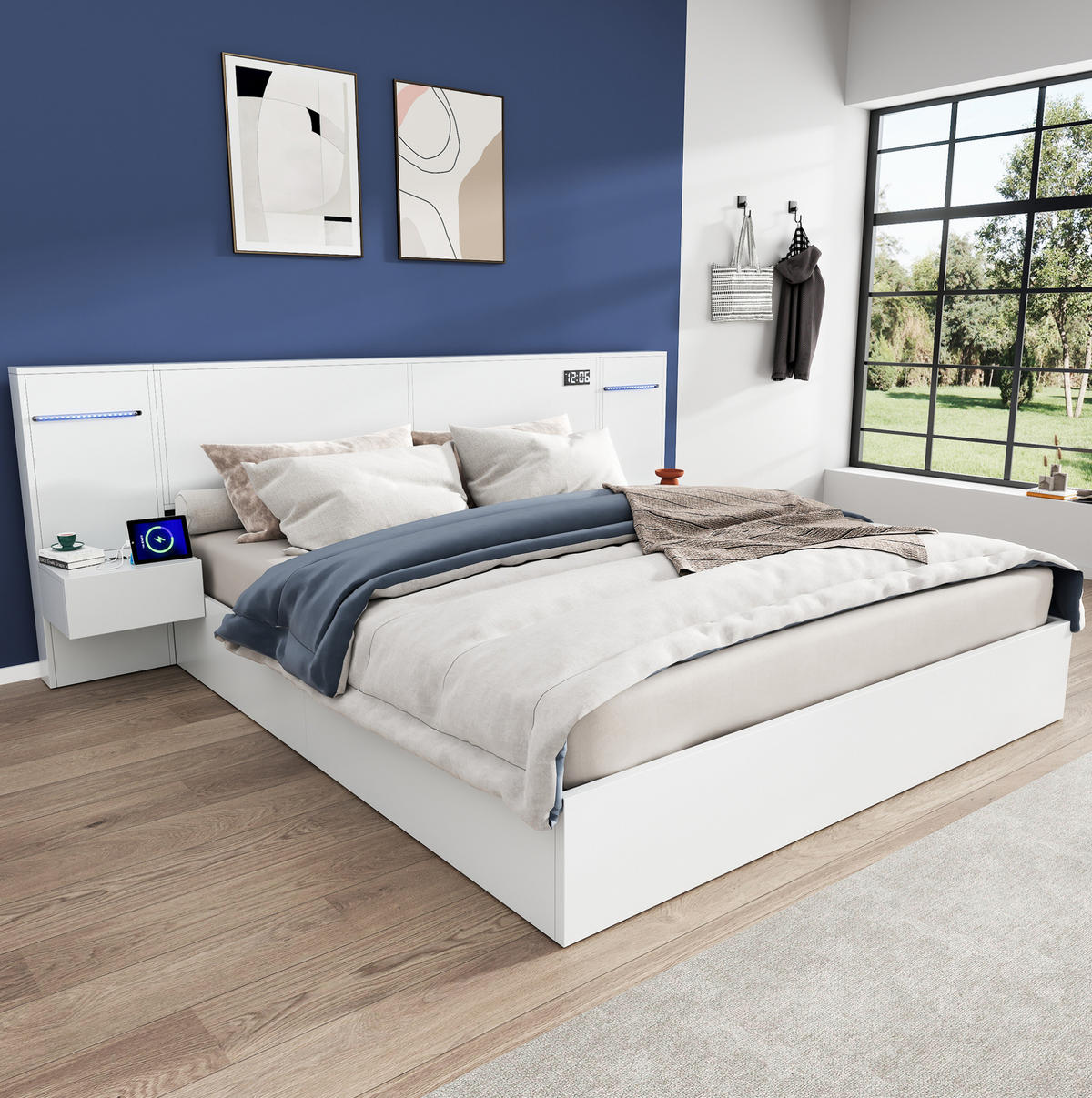POLSTERBETT 160/200 cm Weiß aus MDF mit Bluetooth-Lautsprechern und USB-Anschluss - Weiß, Holzwerkstoff (160/200cm) - OKMYHOME