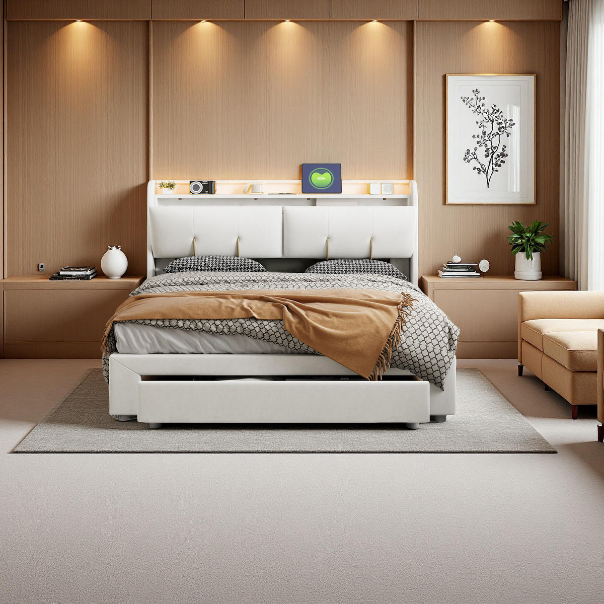 BETT 160x200 cm Stauraum LED USB Samt Beige - Beige, Metall (160/200cm)