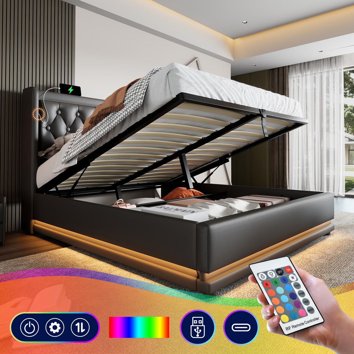 POLSTERBETT 140/200 cm in Schwarz mit USB-Typ-C-Ladeanschluss und dreiseitiger LED-Beleuchtung - Schwarz, Leder (140/200cm) - Oxeza
