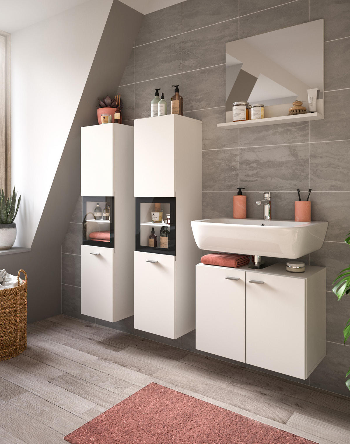 MIDISCHRANK weiß 30 cm, Badschrank hängend oder stehend - Silberfarben/Schwarz, Glas/Holzwerkstoff (30/125/29cm) - Inn.Furn