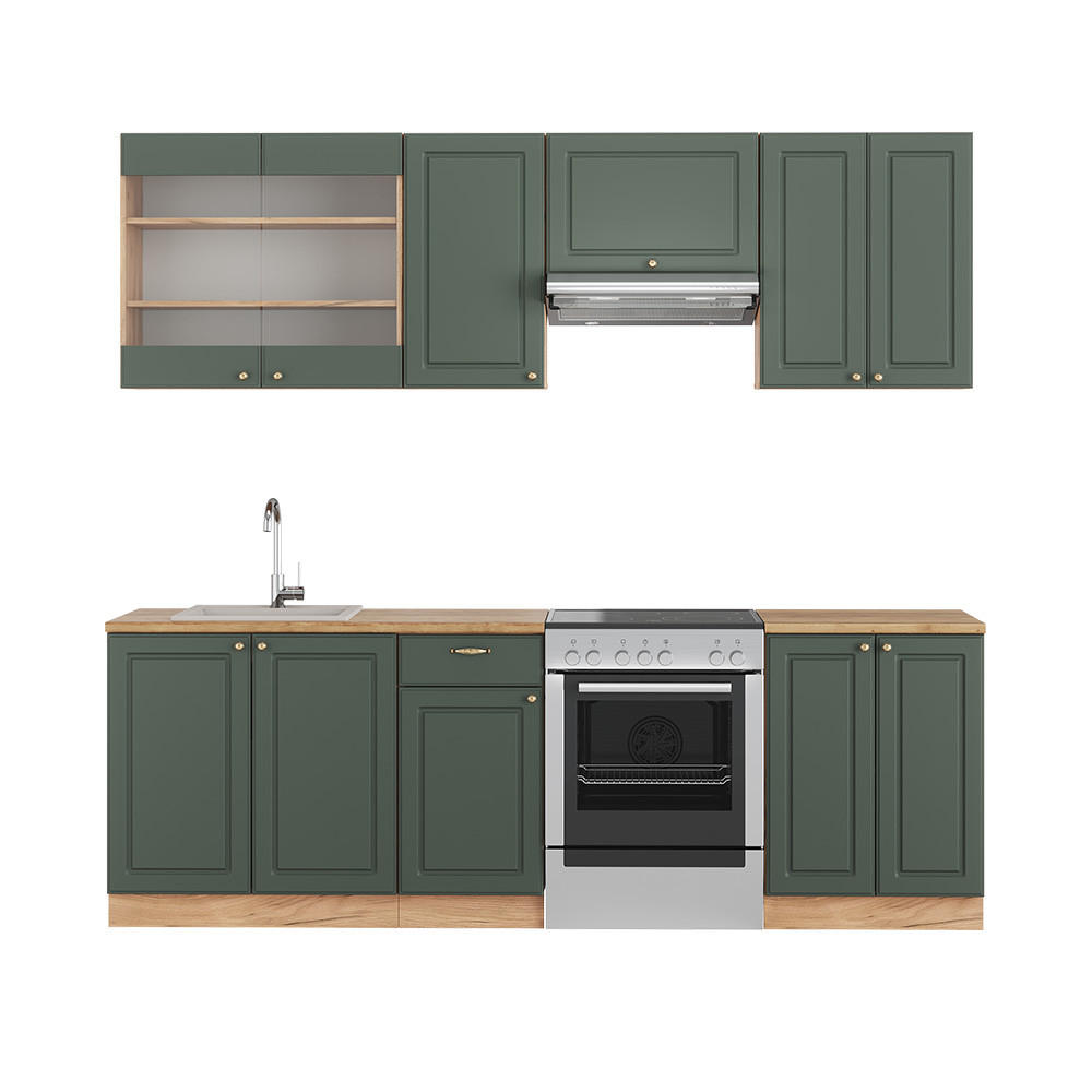 KÜCHENZEILE Fame-Line Grün-Gold Landhaus/Goldkraft Eiche 240 cm AP Eiche - Honigeiche/Grün, Holzwerkstoff (240/81.6/60cm) - Vicco