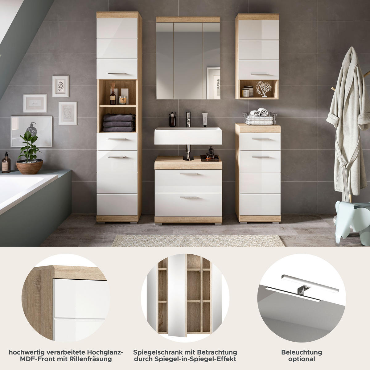 BADKOMBINATION 5tlg. Lambada Bad in Sonoma Eiche hell und weiß hochglanz B/H/T: 164x191x34 cm - Sonoma Eiche, Holz (164/191/37cm)
