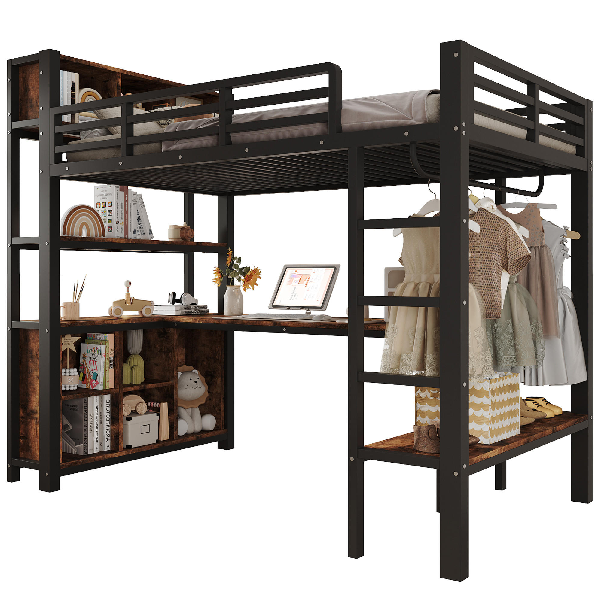 HOCHBETT 90x200 cm in Schwarz mit Schreibtisch, Kleiderstange und Regalen - Schwarz, Holzwerkstoff (90/200cm) - IVMEU