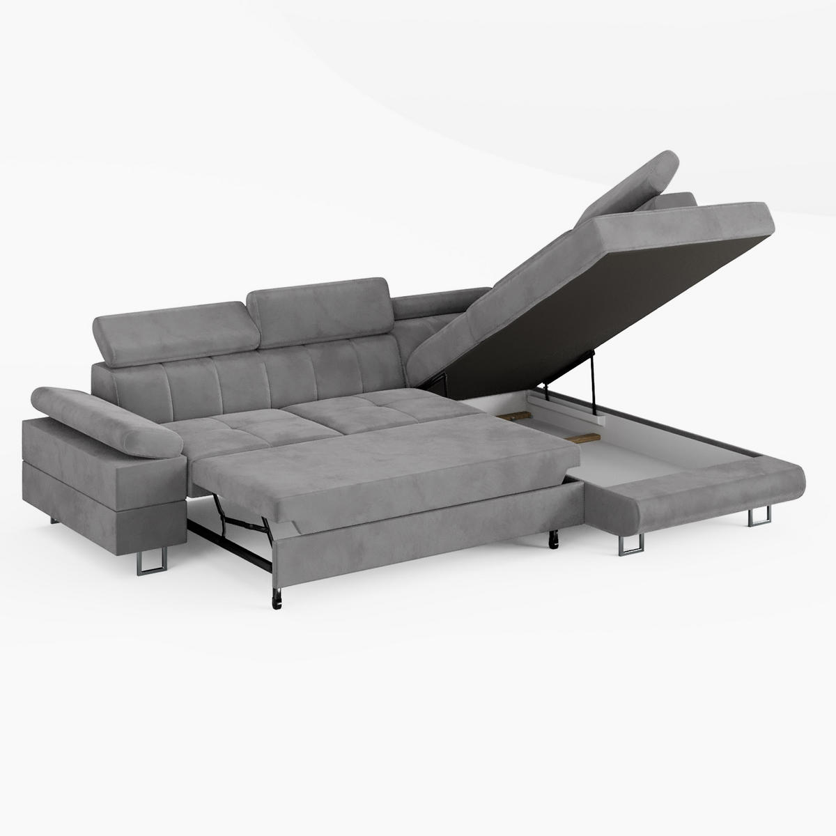 ECKSOFA CAROLINE Rechts Braun Velours-Stoff mit Schlaffunktion und Bettkasten - Chromfarben/Dunkelbraun, Textil (253/190cm) - Barchello