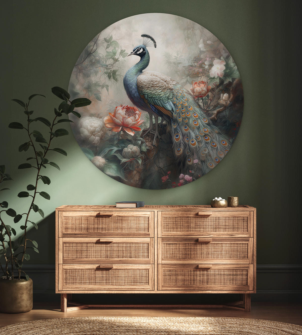 WANDBILD Pfau - Pfauenfedern - Vogel - Dschungel - Blumen 150x150 cm - Smaragdgrün, Kunststoff (150/150cm) - MuchoWow