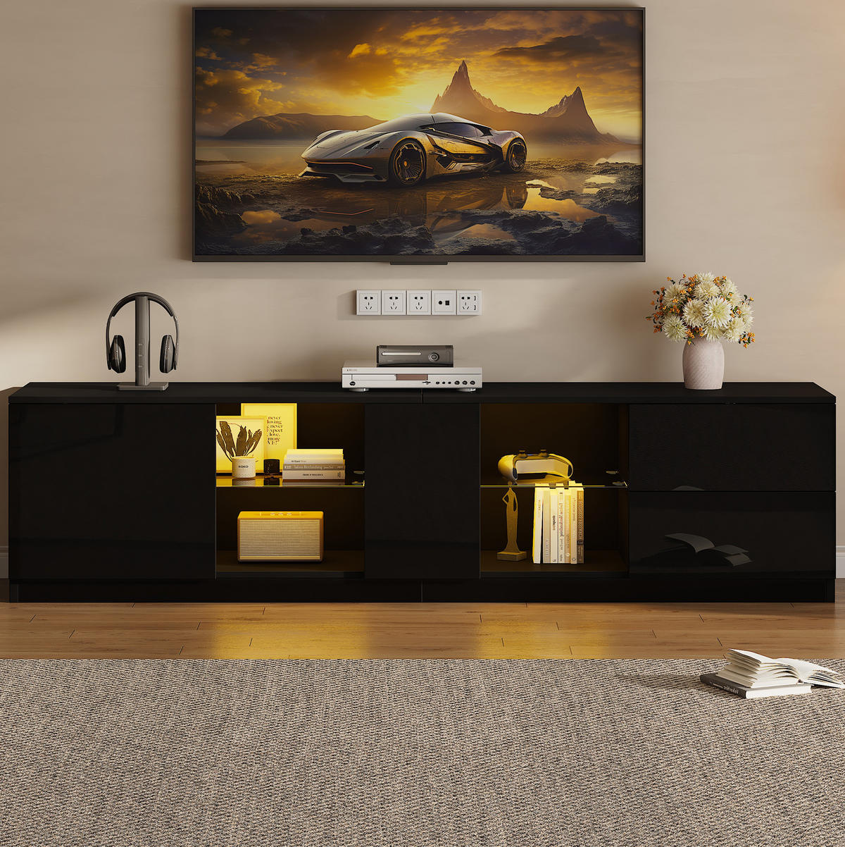TV-LOWBOARD aus MDF 160x40x52 cm Schwarz mit LED-Beleuchtung, 2 Schubladen und Hochglanzfront - Schwarz, Holzwerkstoff (160/52/40cm) - IVMEU