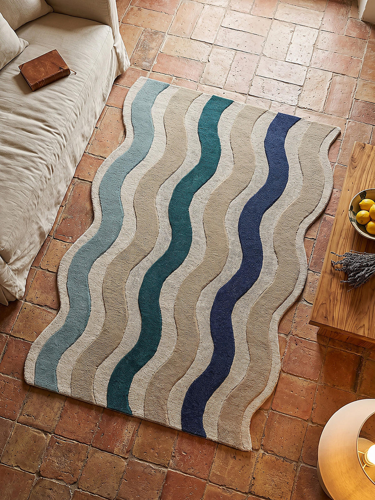 TEPPICH aus Wolle, handgetuftet, MONNOW, in Natur-Blau, Wellenstreifen, 200 x 290 cm - Beige, Textil (200/290cm) - KADIMA DESIGN