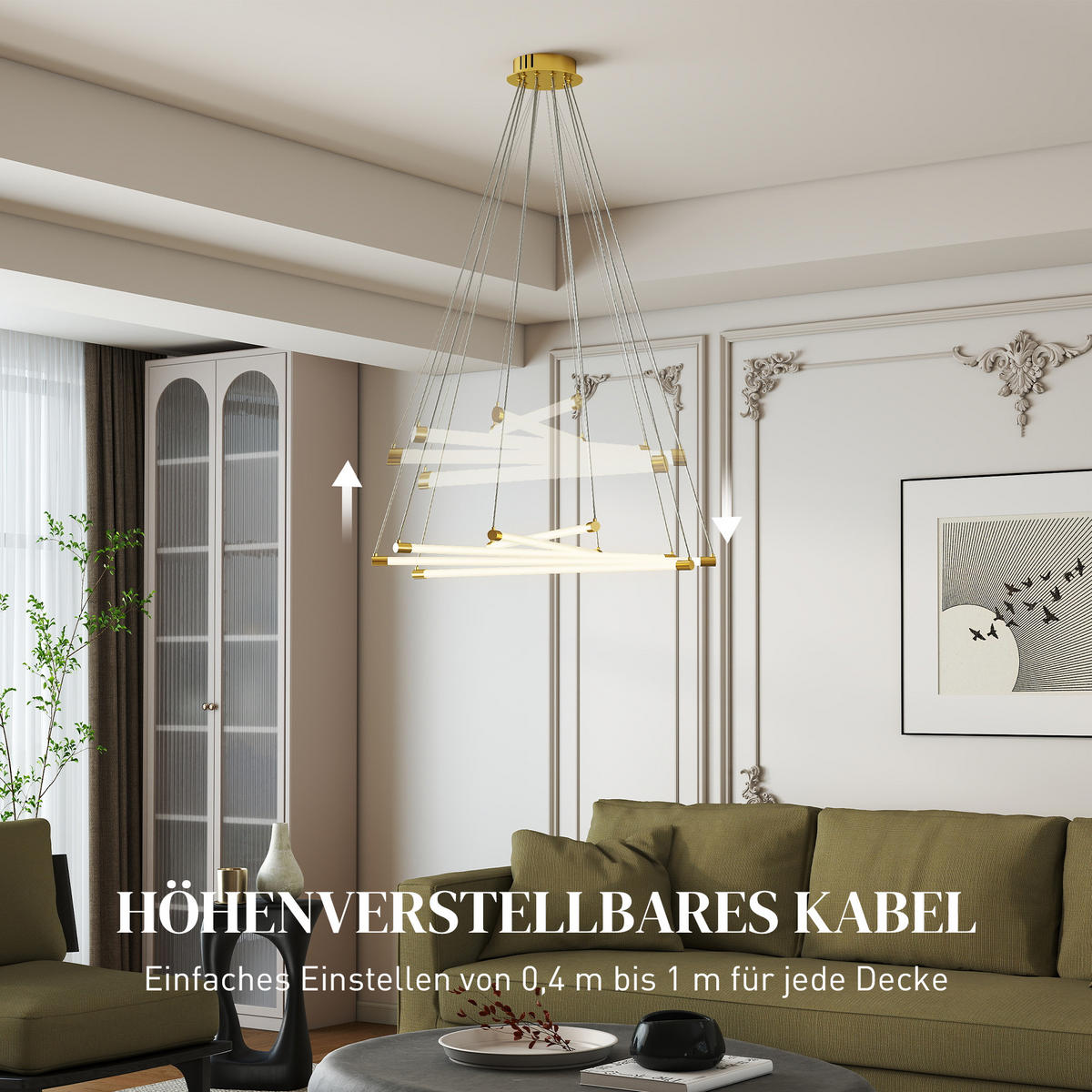 LED-DECKENLAMPE, 50W, 5 anpassbare Lichtrohre, anpassbar, Gold+Weiß - Multicolor, Metall (82/82/124cm) - HOMCOM