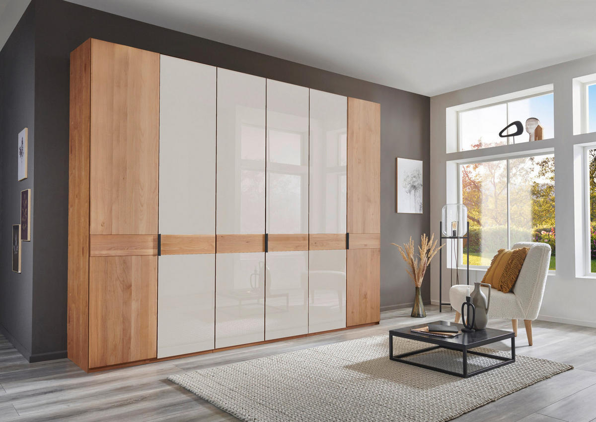 SCHLAFZIMMER Arden mit teilmassiver Erle und Weißglas 4-teilig mit Drehtürenschrank, Doppelbett 180x200cm, zwei Nachttische - Braun, Holzwerkstoff (80/200/120cm)