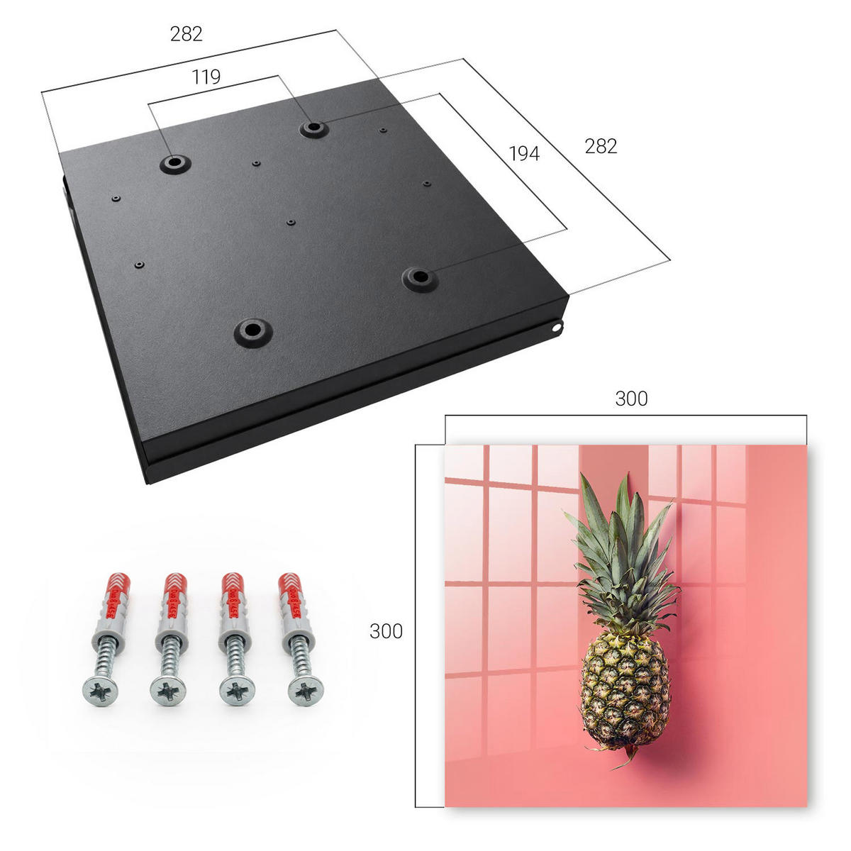 SCHLÜSSELBOX Schwarz 30x30 cm- Türöffnung nach rechts - Exotische Ananas - Pink, Metall (30/30/5cm) - TULUP