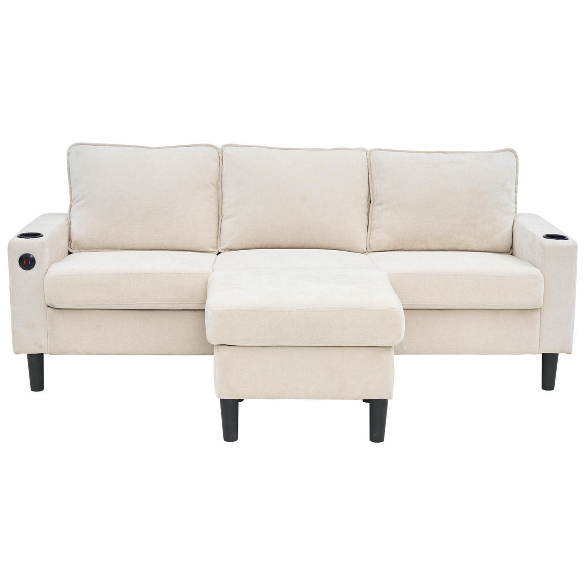 ECKSOFA L-Form 3-Sitzer mit zwei Getränkehaltern und USB und Typ-C-Anschlüssen Beige 202/137/80 cm - Beige, Textil (202/137cm) - OKWISH
