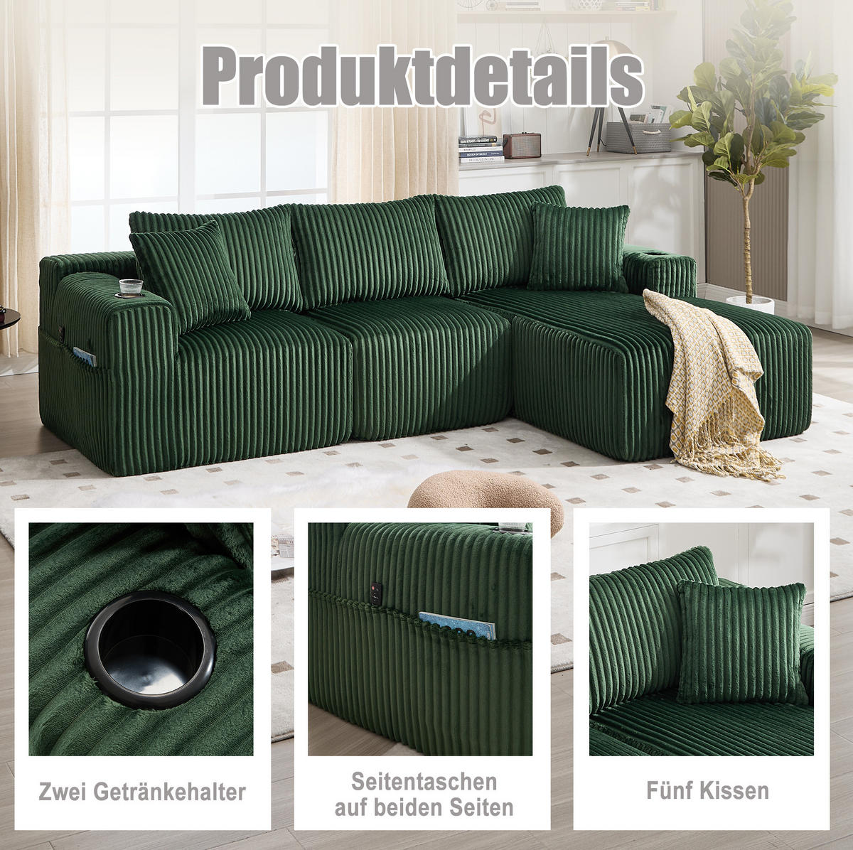 MODULARES Sofa-Set Cord mit Chaiselongue Taschen und Getränkehalter 257/90 160/62 cm Smaragdgrün - Smaragdgrün, Textil (160/257cm) - Redom